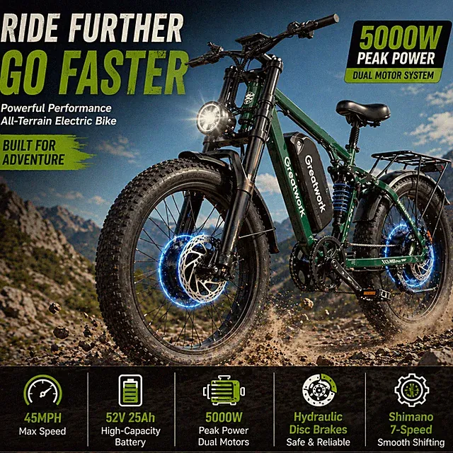 5000W Electric Bike 52V 26" E-Mountain Bike 45MPH 100Miles Adult Off-Road Ebike